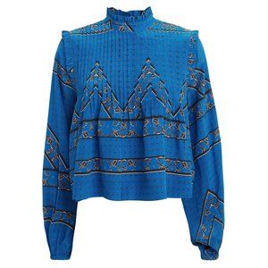 Ganni Blue Cloverdale Pleat Detail Printed Silk Blouse
